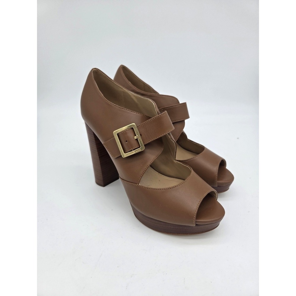 Michael Kors Eleni Platform Pumps Women's 9M Leather Luggage 5" Heel Brown GOld